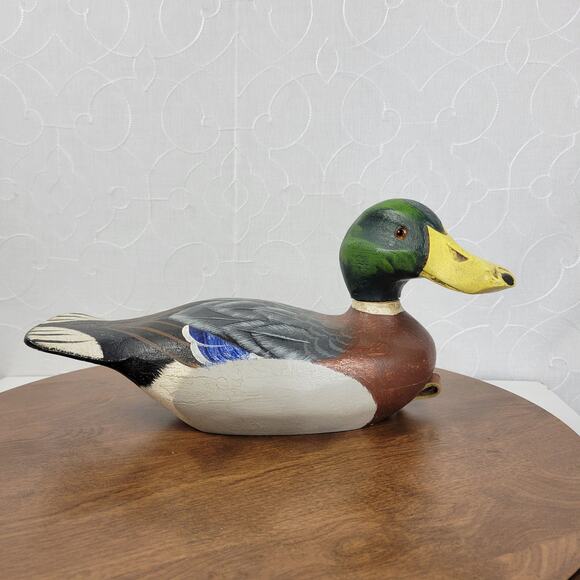 Vintage Signed Wood Carved Peabody Hotel Drake Mallard Duck Decoy Glass Eyes - Picture 8 of 16